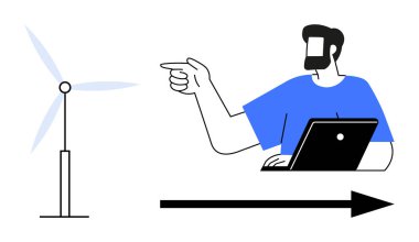 Dizüstü bilgisayarı olan biri okun yanındaki rüzgar türbinini işaret ediyor. Yenilenebilir enerji, sürdürülebilirlik, çevresel farkındalık, temiz teknoloji, eğitim, gelecek odaklanma ve yenilik için idealdir. Soyut satır düzlüğü