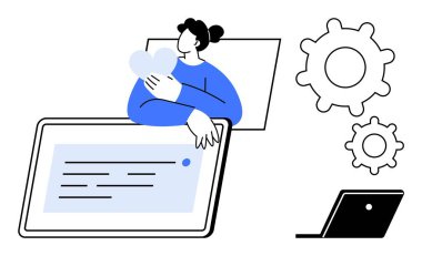 Kalp şeklini kucaklayan, dijital içeriği temsil eden, sohbet metni, vites ve teknoloji etkileşimini vurgulayan dizüstü bilgisayarı olan bir kadın. Temalar için ideal dijital iletişimi paraflıyor