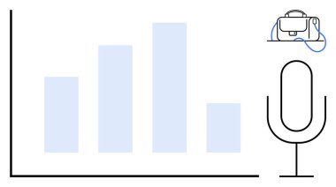 Mikrofon bir bar grafiği ve bir dizüstü bilgisayarın yanında duruyor. Ses kayıt cihazını temsil ediyor. Podcasting, veri analizi, sunumlar, uzak çalışma, içerik oluşturma, dijital pazarlama için ideal