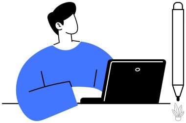 Dizüstü bilgisayarda çalışan kişi, büyük boy bir Stylus 'un yanında. Teknoloji için ideal, üretkenlik, evden çalışma, dijital sanat, e-öğrenme, odaklanma, yaratıcılık. Modern soyut çizgi düz metafor