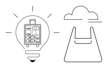 İçinde bavul, gömlek ve ayakkabılar bulunan ampul bulutlu alışveriş çantasının yanında. Yaratıcılık, seyahat, organizasyon, yenilik, çevrimiçi alışveriş, eğlence macera ilhamı için ideal