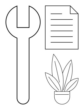 Tamiri sembolize eden anahtarlar, yazılı çalışma ya da belgeleri gösteren belgeler ve büyümeyi ve doğayı temsil eden saksı bitkisi. İş bakımı, proje yönetimi ve teknik işler için ideal