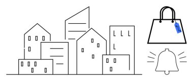 Sanat tarzında şehir binaları, mavi etiketli ve alarm zilli bitişik alışveriş çantaları. Ecommerce, kentsel planlama, pazarlama, perakende satış, bildirimler, şehir hayatı, akıllı alışveriş