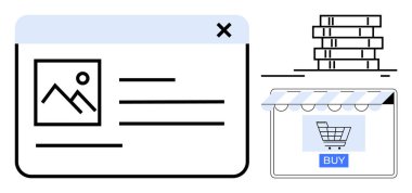 Web sayfası arayüzü resim ve metin düzeni ile çevrimiçi bir mağaza vitrininin yanında bir alışveriş arabası düğmesi var. E-ticaret, çevrimiçi alışveriş, web tasarımı, dijital pazarlama, kullanıcı deneyimi için ideal