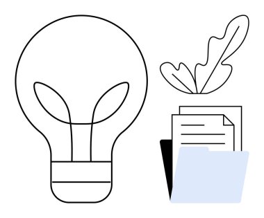 Yapraklı ampul çevre dostu fikirleri sembolize eder. Belgeler içeren klasör bilgi ve organizasyonu temsil eder. Yenilik, eğitim, çevre, üretkenlik, yaratıcılık için ideal