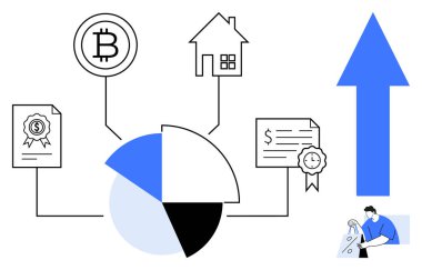 Bitcoin 'e, eve, sertifikalara, ödüle, yukarı bakan oka, saati olan kişiye bağlı turta grafiği. Finans, yatırım stratejileri, gayrımenkul kripto para birimi büyüme takibi için ideal