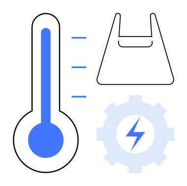Termometre, çevre dostu çanta ve sürdürülebilir gelişim için yıldırımlı enerji dişlisi tekerleği. Enerji verimliliği, iklim değişikliği, çevresel koruma, teknolojik