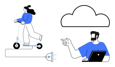 Elektrikli scooter kullanan kadın, güce bağlı erkek dizüstü bilgisayar ve bulut sembolü kullanırken işaret ediyor. Teknoloji, bağlantı, yenilik, modern banliyö, bulut hesaplama, uzak çalışma için ideal