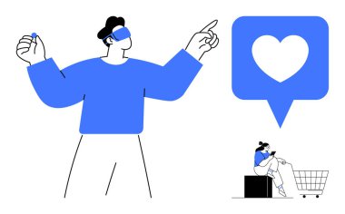 Sanal gerçeklik kulaklığı takan kişi, büyük kalp ikonu, çevrimiçi etkileşim. Alışveriş arabasıyla oturan, cep telefonu kullanan küçük bir figür. Teknoloji için ideal, sosyal medya, bağlantı, online
