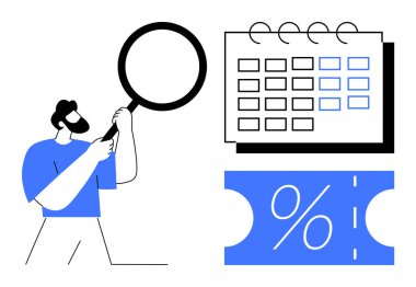 Büyüteç tutan adam takvimi spiral bağlayıcı ve indirim kuponuyla araştırır. Etkinlik planlama, programlama, zaman yönetimi, promosyonlar, indirimler, pazarlama stratejisi için ideal. Basit.