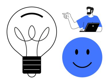 Bir fikri sunan dizüstü bilgisayarı olan bir adam, yeniliği temsil eden büyük bir ampul ve mavi gülümseyen bir yüz. Yaratıcılık, takım çalışması, sunumlar, beyin fırtınası, ilham, yenilik sektörü için ideal