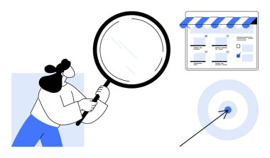 Elinde kocaman bir büyüteç tutan bir kadın internetteki mağazayı inceliyor. Arrow 'un tam hedefe isabet etmesi hassasiyeti gösterir. Arama motoru optimizasyonu, e-ticaret, hedef pazarlama, hedef belirleme için ideal