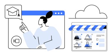 Online mağaza arayüzünün yanındaki video ekranında mezuniyet başlığı simgesine işaret eden öğretmen bulut altında. Eğitim, e-ticaret, çevrimiçi öğrenme, sanal sınıflar, dijital alışveriş için ideal