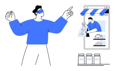 VR kulaklık kullanan kişi, alışveriş torbaları, giysiler ve şişelerle online mağazayı geziyor. Temalar için ideal e-ticaret, sanal gerçeklik, çevrimiçi alışveriş, teknoloji, gelecekteki eğilimler