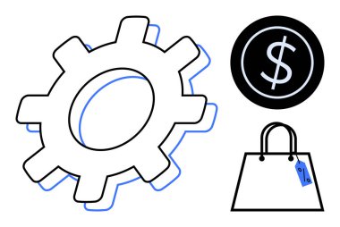 Vites, dolar işareti ve alışveriş çantası ticaret, endüstri ve ekonomik işlemler kavramlarını iletir. Ticari, finans, pazarlama perakende e-ticaret imalat yatırımları için idealdir. Siyah