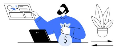 Mavili iş adamı elinde para çantası olan verilerle ekranı işaret ediyor. Dizüstü bilgisayar, ok ve saksı bitkisi yakınlarda. Finans, yatırım, iş büyümesi, analiz, strateji kar verileri için ideal