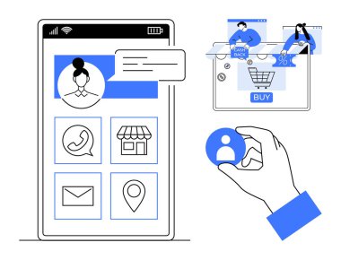 Bir kullanıcı profili simgesi, mesajlaşma ve uygulama simgeleri içeren akıllı telefon, online alışveriş süreci. Mobil uygulamalar, sosyal medya pazarlaması, e-ticaret, müşteri hizmetleri, ağ kurmak için ideal
