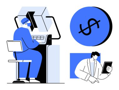 Robot sistem kullanan bir kişi, dolar işareti ve tabletli bir adam. Sağlık, teknoloji, robot bilimi, yenilik, tıbbi otomasyon, finansal planlama ve dijital dönüşüm için ideal