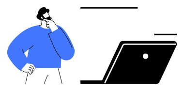 Mavi kazaklı sakallı şahıs siyah bir dizüstü bilgisayara özenle bakıyor, teknoloji temalarını öneriyor, karar verme mekanizması, beyin fırtınası, problem çözme, dijital çağ, modern çalışma, yenilik. İdeal