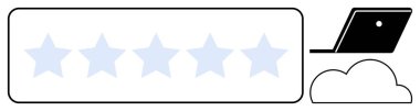 Beş yıldızlı değerlendirme sistemi, açık dizüstü bilgisayar ve bulut elementi. Geri bildirim, müşteri değerlendirmeleri, kalite değerlendirmesi, kullanıcı deneyimi, dijital platformlar çevrimiçi hizmet değerlendirme sistemleri için idealdir. Soyut çizgi
