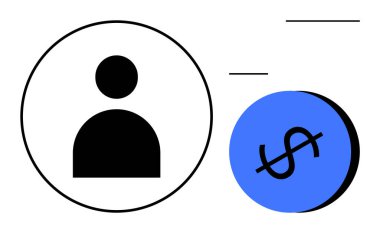 Dolar işareti olan mavi bir dairenin yanında iki soyut çizgi üzerinde vurgulanmış bir kişi simgesi. Finans, ekonomi, bütçe, gelir, yatırım, insan kaynakları, dijital kimlik için ideal