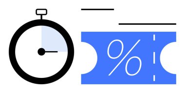 Kısmen dolu mavi bir bölümlü kronometre ve beyaz yüzde işareti gösteren mavi bir bilet. Terfi için ideal, sınırlı zaman teklifleri, indirimler, satış etkinlikleri, aciliyet, pazarlama stratejileri