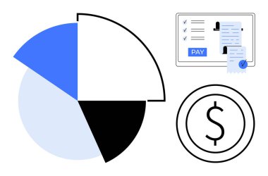 Finansal verilerin dört bölüme ayrıldığı bir pasta tablosu dijital ödeme listesi, işlem makbuzu, daire içinde dolar işareti. Finans, bütçe, mali raporlar, ödeme sistemleri için ideal