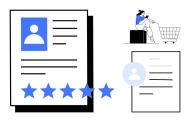 Profil resimli belgeler, beş yıldızlı reytingler, alışveriş arabasının yanındaki kişi. Değerlendirmeler, e-ticaret, kalite güvencesi, müşteri geribildirimi, çevrimiçi alışveriş, ürün değerlendirmesi için ideal
