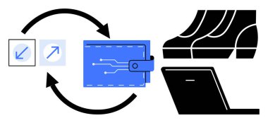 Cihazlar, el bilgisayarı terminalleri ve kartlar arasındaki fon akışını temsil eden oklu dijital cüzdan simgesi. Finans, dijital işlemler, teknoloji, nakit ödemeler, e-ticaret, fintech