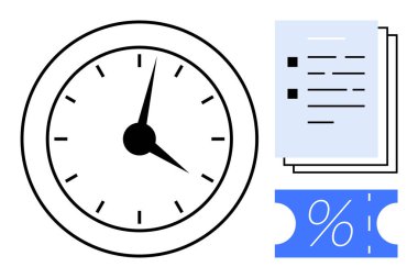 Siyah saat işaretli saat, işaretli mavi belgeler ve yüzdelik işaretli mavi indirim kuponu. Üretkenlik, görev planlaması, zaman yönetimi, verimlilik, organizasyon, özel