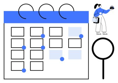 Kadın, odaklama için büyüteç kullanarak büyük bir takvimde görev ayarlıyor. Zaman yönetimi, zaman çizelgesi, teslim tarihleri, takım çalışması, organizasyon, verimlilik hatırlatıcıları için ideal. Asgari soyut çizgi