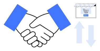 Alışveriş arabası ikonu ve çift yönlü oklarla çevrimiçi bir mağazanın yanında ortaklığı ya da anlaşmayı temsil eden tokalaşma. İş anlaşmaları için ideal, ecommerce, işbirliği, karşılıklı