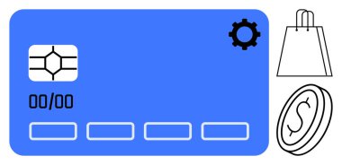 Kredi kartı, çip, dişli gösterge ayarları, alışveriş çantası ve bozuk para. E-ticaret için ideal, çevrimiçi ödemeler, dijital cüzdanlar, finans yönetimi bankacılık perakende satış temaları. Satır metaforu