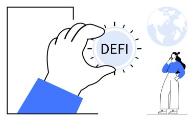 El DEFI etiketli bir madeni parayı tutarken, düşünceli bir kadın kürenin yanında duruyor. Finans, teknoloji, kripto para birimi, yatırımlar, küresel piyasalar ve modern çözümler için idealdir. Soyut çizgi