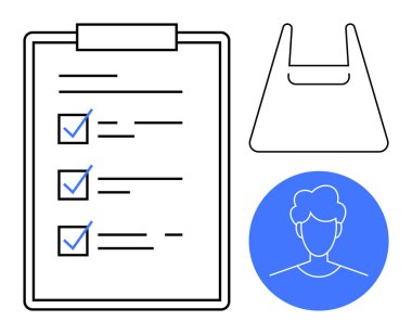 Panoda mavi işaretli kontrol listesi, alışveriş çantası taslağı, mavi daireli kullanıcı profili. Üretkenlik, görev yönetimi, alışveriş, müşteri hizmetleri, organizasyon, tüketici deneyimi için ideal