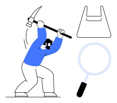 Plastik torba ve büyüteçle yan yana kazma taşıyan bir adam zemin kazıyor. Sorun çözme, analiz, atık yönetimi, çevresel koruma, sıkı çalışma ve keşif için ideal