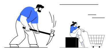 Kazma kullanan bir adam akıllı telefonu ve alışveriş arabası olan bir kadına karşı. İş-yaşam dengesi, teknoloji etkisi, modern yaşam tarzı, tüketim, iş gücü, üretkenlik, günlük rutin kavramlar için idealdir. Soyut