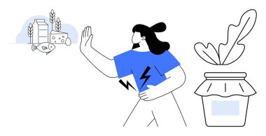 Kadın mideyi tutuyor ve süt ürünleri ve balıklara el kaldırıyor. Yapraklı kavanozu tercih ediyor. Gıda alerjileri, hoşgörüsüzlükler, beslenme tercihleri, sağlık farkındalığı, yaşam tarzı seçimleri için ideal