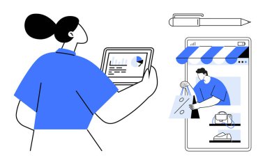 Elinde tabletle veri analiz eden bir kadın diğer elinde akıllı telefon ekranından alışveriş torbaları tutuyor. E-ticaret, çevrimiçi alışveriş, veri analizi, dijital pazarlama, mobil uygulamalar, perakende satış için ideal
