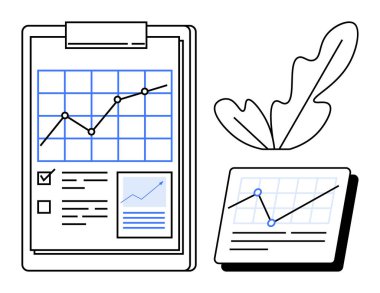Çizgi grafiği, kontrol listesi ve bar grafiği olan pano, benzer grafiği gösteren tabletin yanında. İş analizleri, mali raporlar, veri analizi, performans takibi ve proje için ideal