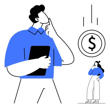 Bir tablet tutan, bir dolar işaretinin önünde kafa yoran iki dalgın figür. İş stratejisi için ideal, finansal planlama, yatırım kararları, ekonomik analiz, kurumsal düşünce, para