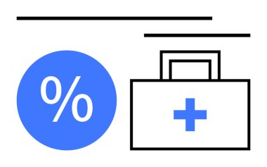Haçlı ilk yardım çantası, mavi yüzde işareti, paralel çizgiler. Sağlık giderleri, tıbbi tasarruflar, mali planlama, sigorta, bütçe yönetimi, maliyet verimliliği için ideal soyut hat