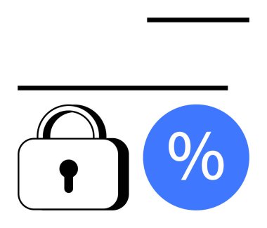 Asma kilit ve yüzde işareti yatay çizgileri olan mavi daire şeklinde. Güvenlik, indirimler, şifreleme, mahremiyet, finansal tasarruflar, gizlilik ve koruma için ideal. Soyut çizgi düz metafor