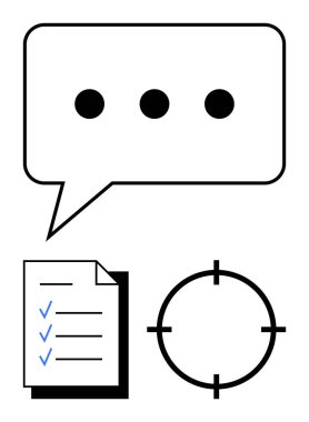 Elipsli konuşma balonu, üç keneli kontrol listesi ve kesişme çemberi. İletişim, planlama, öncelik sıralaması, verimlilik, hedef belirleme ve organizasyon için ideal. Satır metaforu