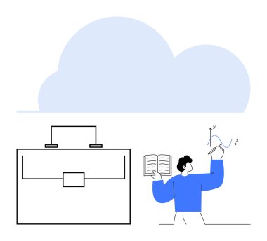 Evrak çantasının üstünde bulut grafiği ve kitap okurken grafikleri analiz eden biri. İş planlaması, eğitim, bulut depolama, veri bilimi, uzaktan çalışma, işbirliği, soyut çizgi düz