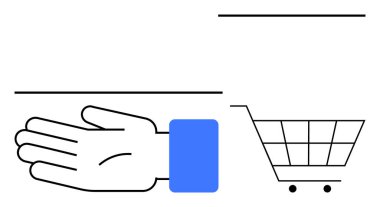 Boş bir alışveriş arabasının ve iki yatay çizginin yanında uzanmış bir el. E-ticaret, ticari işlemler, tüketici davranışları, çevrimiçi alışveriş, pazarlama, perakende, müşteri