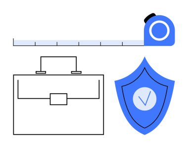 Ölçüm bandı kesinliği vurguluyor, evrak çantası profesyonelliği vurguluyor ve işaretli kalkan güvenliği simgeliyor. İş için ideal, planlama, kalite, iş güvenliği, güvenlik, kesinlik