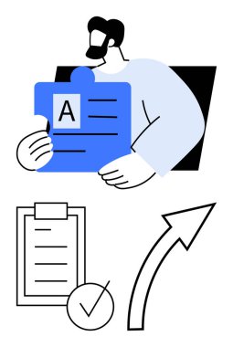 Bir bulmaca parçası belgesi tutan bir adam, işaretli bir pano ve ilerleyişi ve başarıyı gösteren yukarı doğru bir ok. Hedefler, organizasyon, görev yönetimi, iş büyümesi ve planlama için ideal