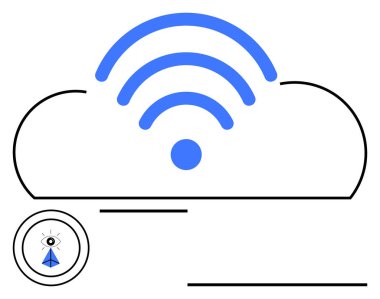 Mavi kablosuz sembol, küçük bir daire ve soyut bir düğümü olan bir bulut anahatından yayılıyor. Teknoloji, ağ oluşturma, veri, bulut depolama, IOT, internet, soyut düz çizgi metaforu için ideal