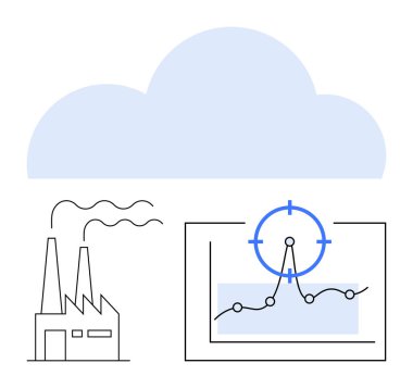 Factory with smoke stacks, cloud above, graph with focus point. Ideal for industrial IoT, cloud computing, data analytics, performance optimization, smart factories, energy efficiency abstract line clipart